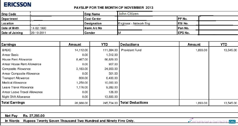 Download ERICSSON networking and telecommunications company paystub in Word and PDF formats Photoshop template